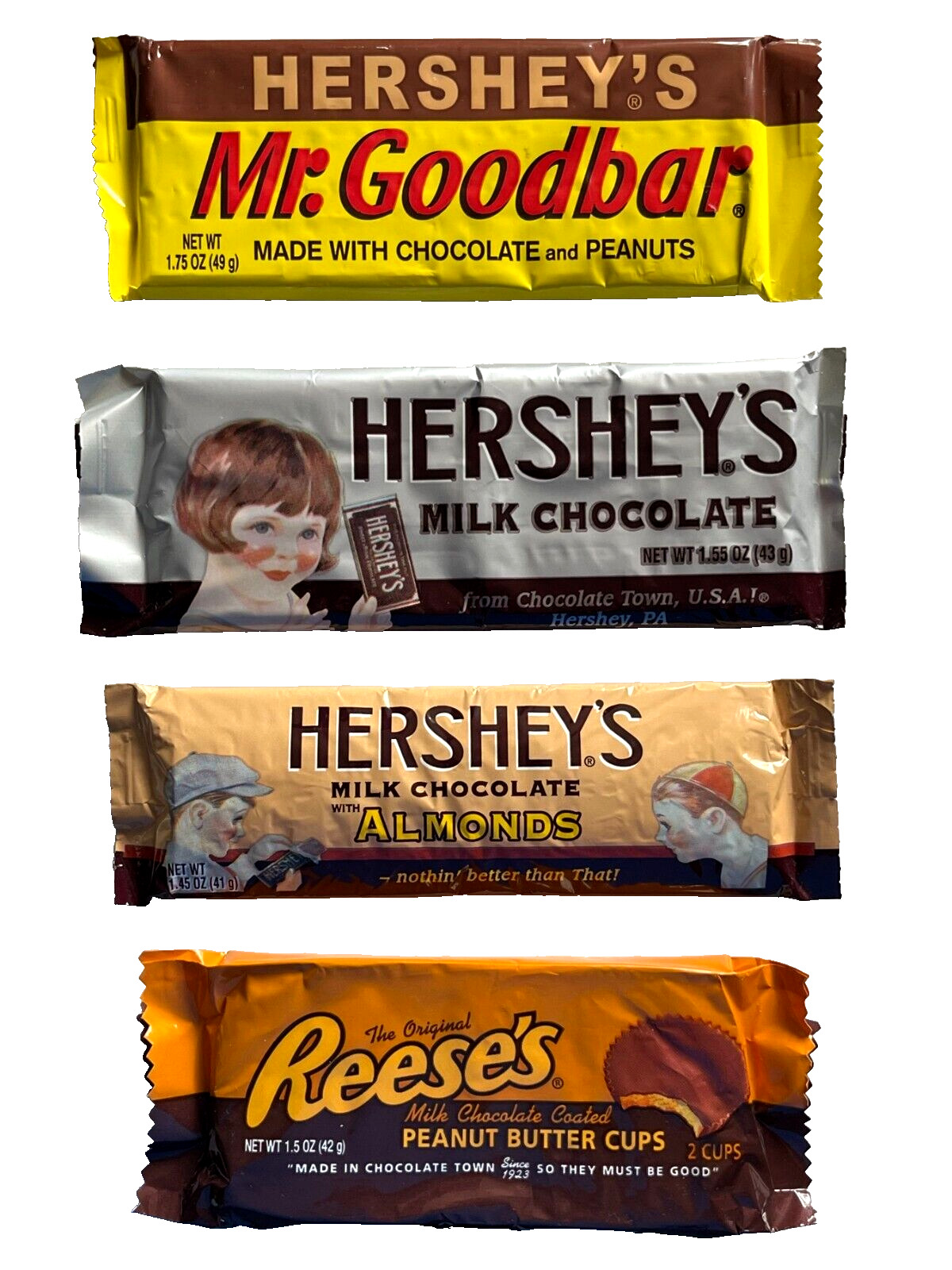 Hershey Nostalgia/ Mr Goodbar, Milk Chocolate, Milk Chocolate w Almonds, Reese\'s