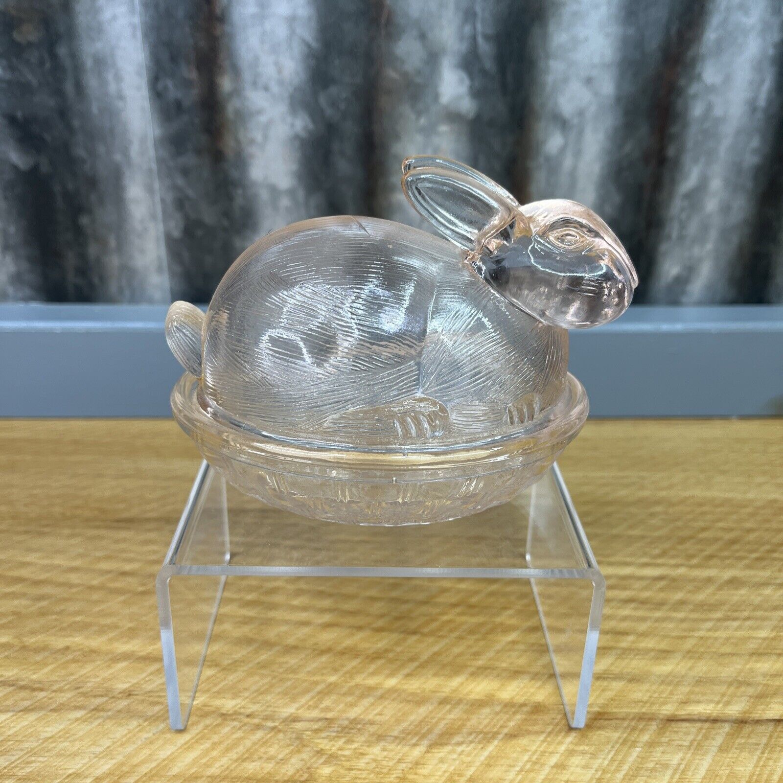 VTG Pink Bunny Rabbit Glass Covered Candy Trinket Dish Easter