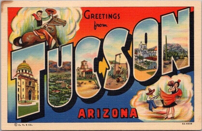 Vintage 1930s TUCSON, Arizona Large Letter Postcard Multi-View / Curteich Linen
