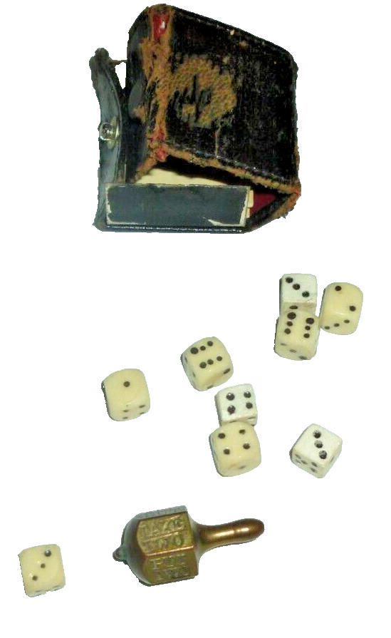 Antique Miniature 9 Carved Dice With Mini Leather Case & Top Brass