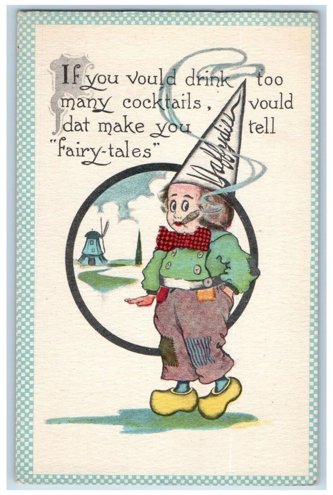 Dutch Kid Postcard Smoking Cigarette Daffydill Hat Windmill Scene c1910's