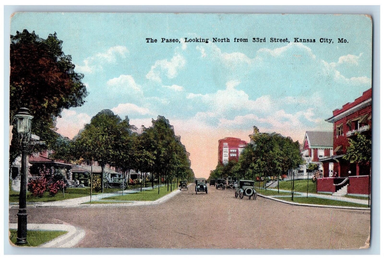 Kansas City Missouri MO Postcard The Paseo Looking North From 33rd Street 1924