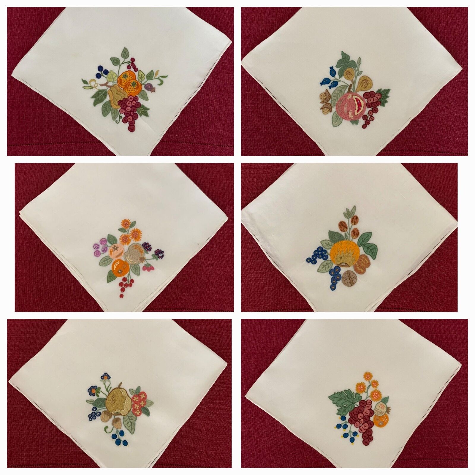 6 Loretta Caponi Vintage ITALIAN Linen NAPKINS Fruit Embroidery ~ Each Unique  