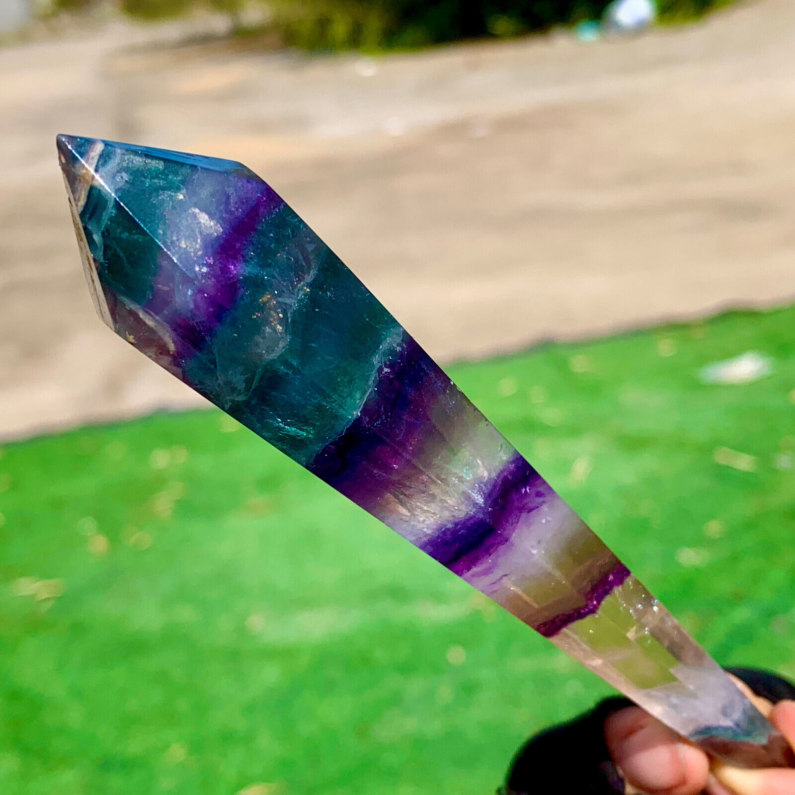 100G Natural rainbow fluorite scepter Quartz Crystal Single-End Terminated Wand