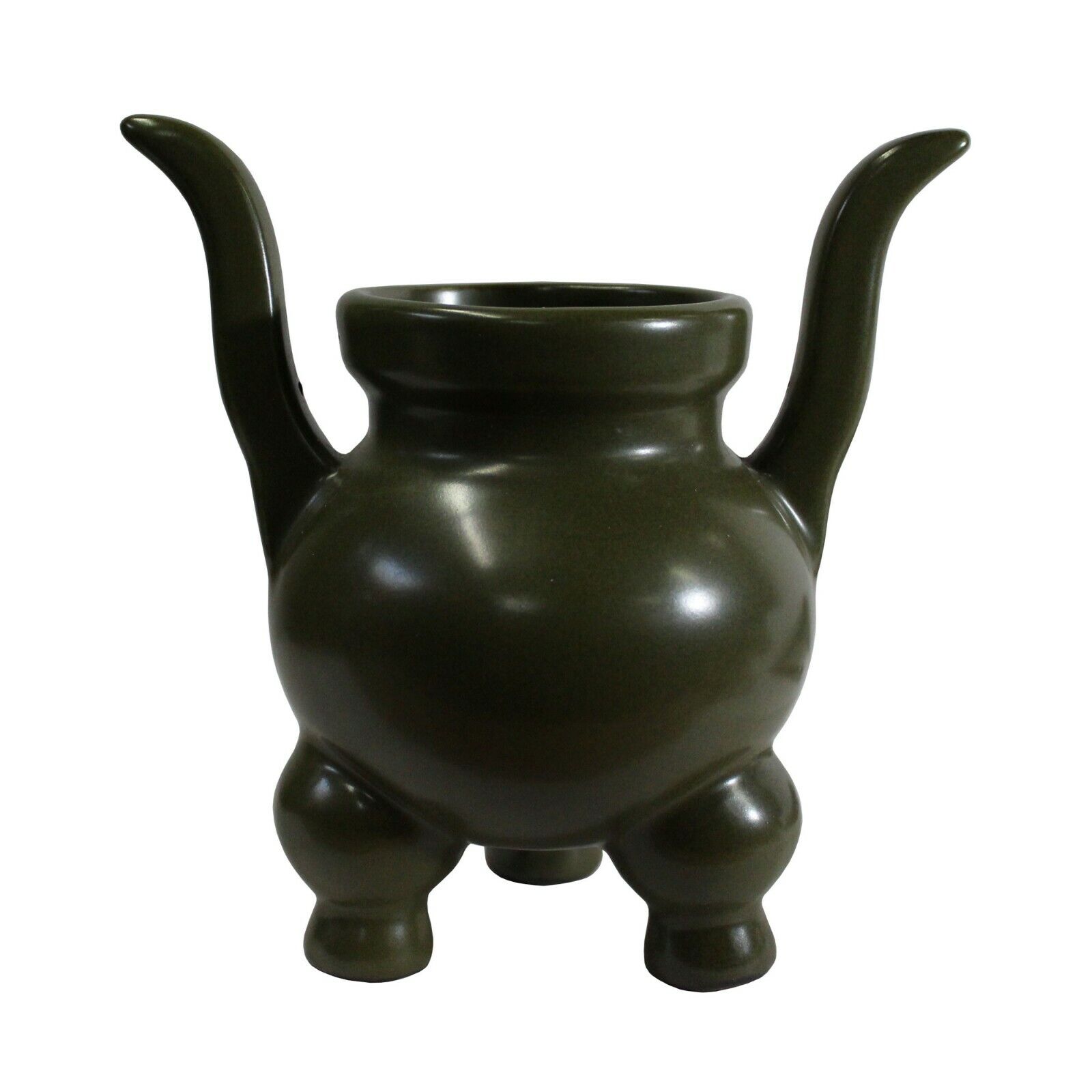 Chinese Handmade Dark Olive Army Green Ceramic Accent Ding Holder ws326