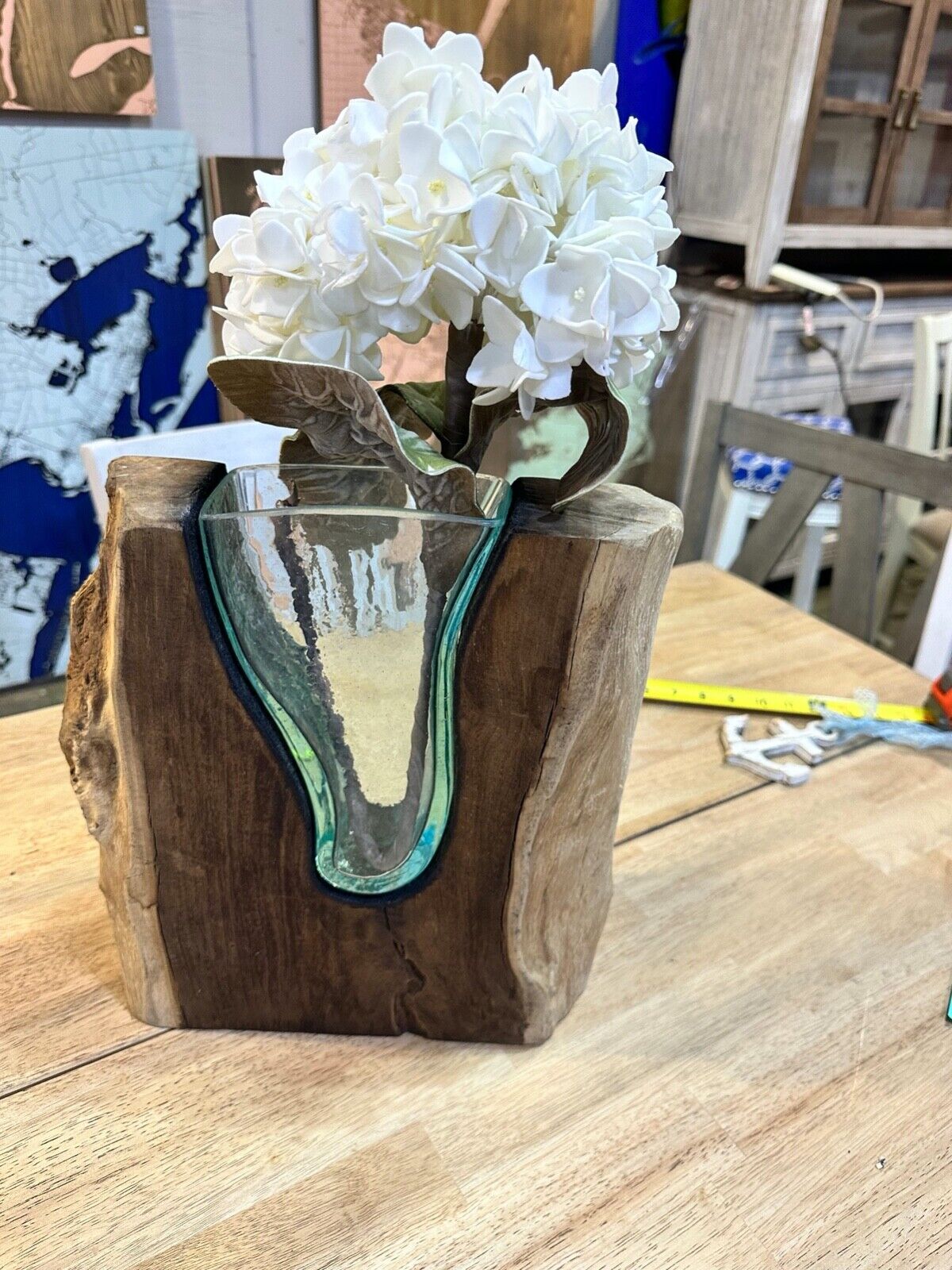 Vase Hand Blown Glass & Teak Wood Root- heavy duty vase - Sculpture- Work of Art