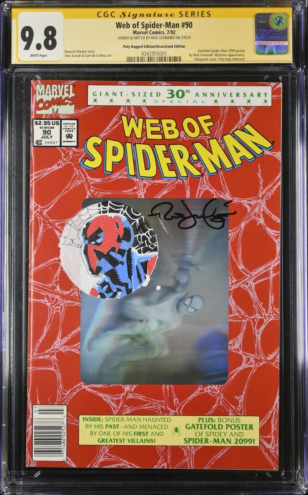 WEB OF SPIDER-MAN 90 CGC 9.8 SS NEWSSTAND COLOR SKETCH 1ST 2099 APP. AMAZING 365