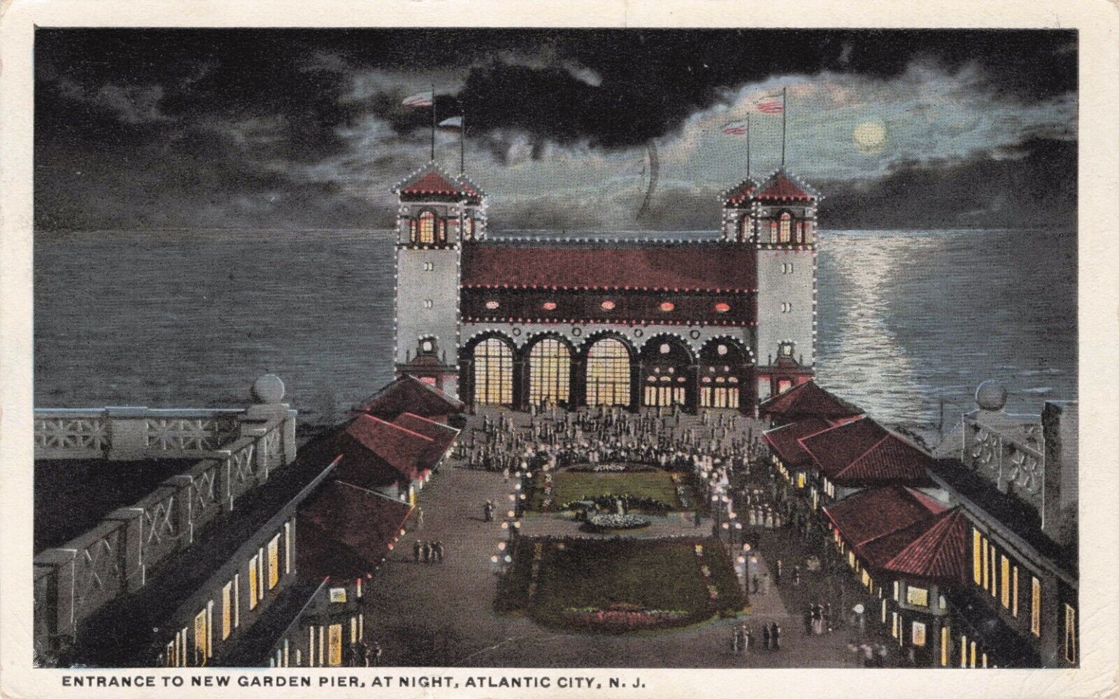 Atlantic City, New Jersey NJ New Garden Pier at Night Vintage Postcard ca 1917