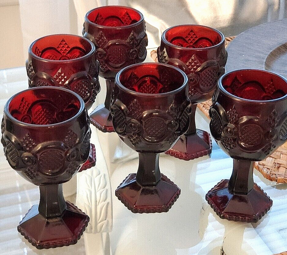 Vintage Avon 1876 Cape Cod Collection Ruby Red Glasses wine goblets 6 Piece set