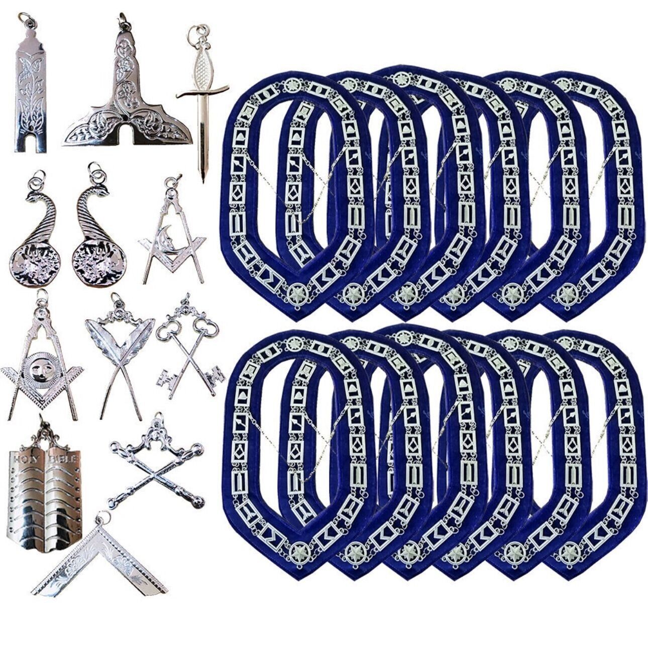 Blue Lodge Masonic Silver Chain Collar With Silver Jewels Blue Backing Set Of 12