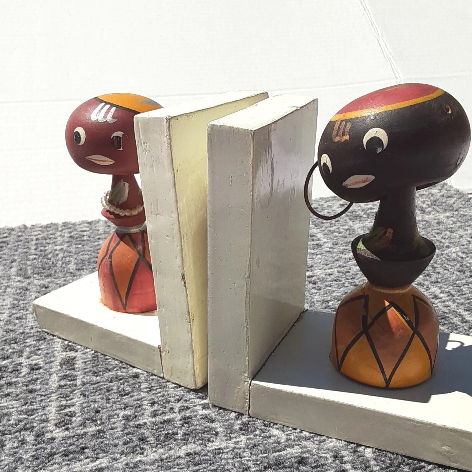 Vintage Bobblehead Bookends Hand Painted Wood African Island Tropical Figurines 