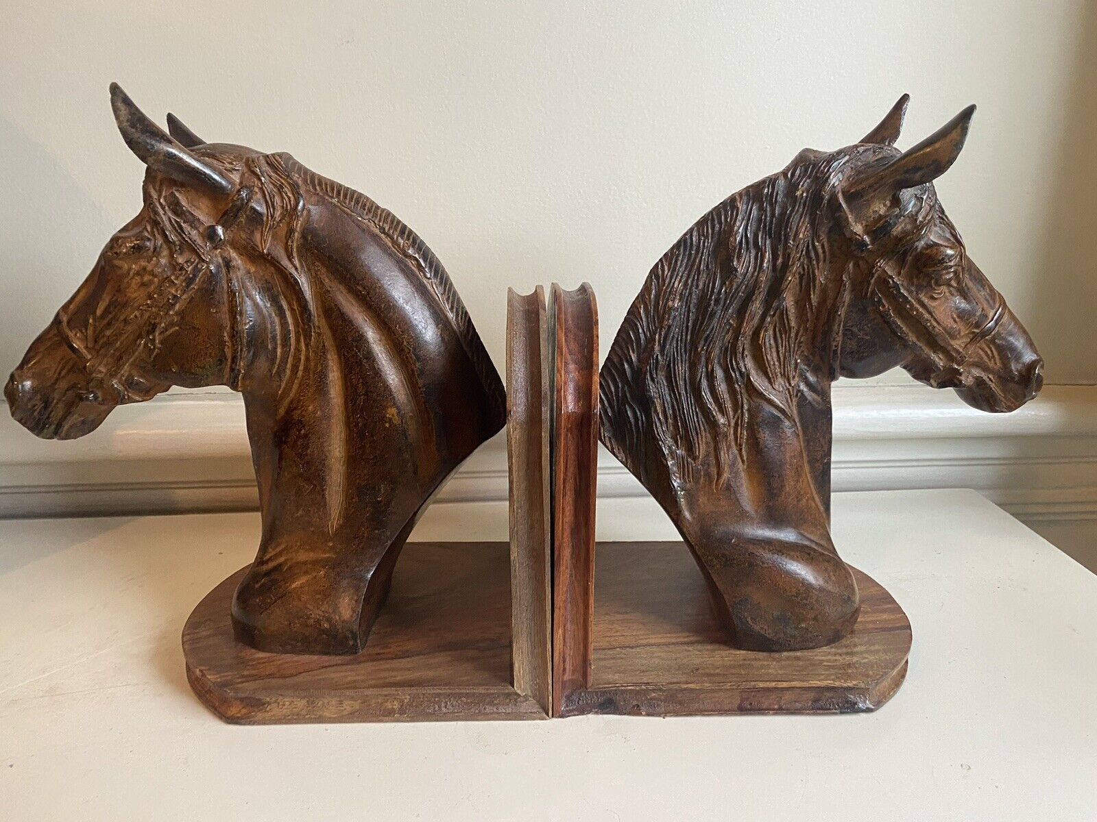 Vintage Horse Head Bookends Cast Metal 9” Equestrian - Wood Base Classy & Heavy