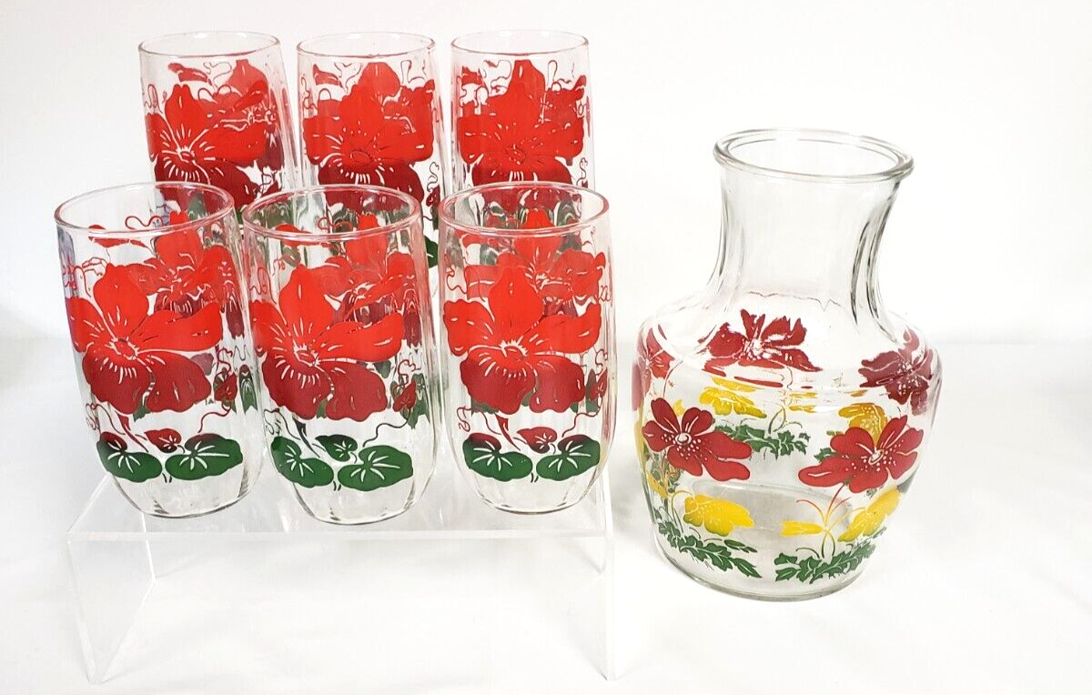 Anchor Hocking6 Drinking Glasses and Pitcher Floral MCM Red Yellow flowers