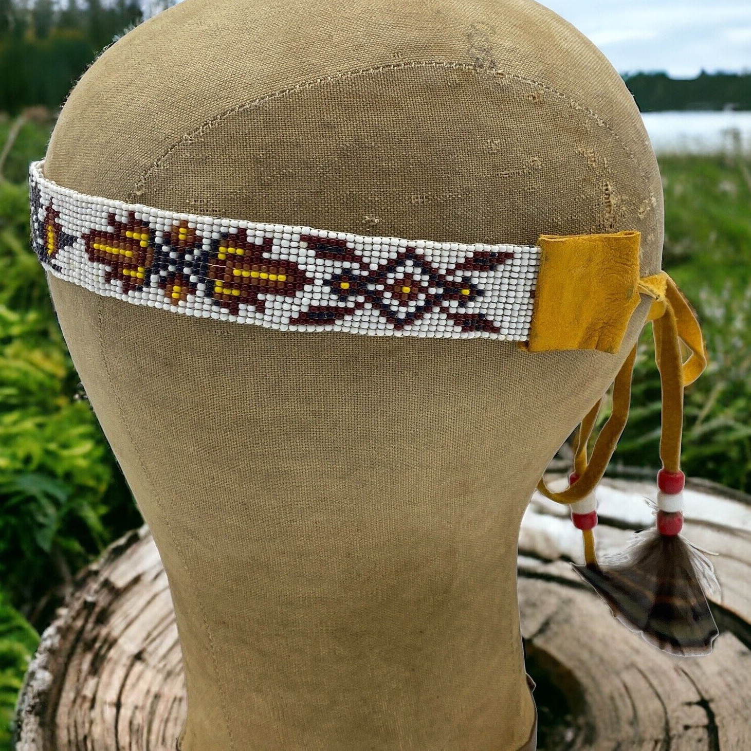 VTG Native American Indian Beaded HEADBAND Medicine Wheel w/feather White