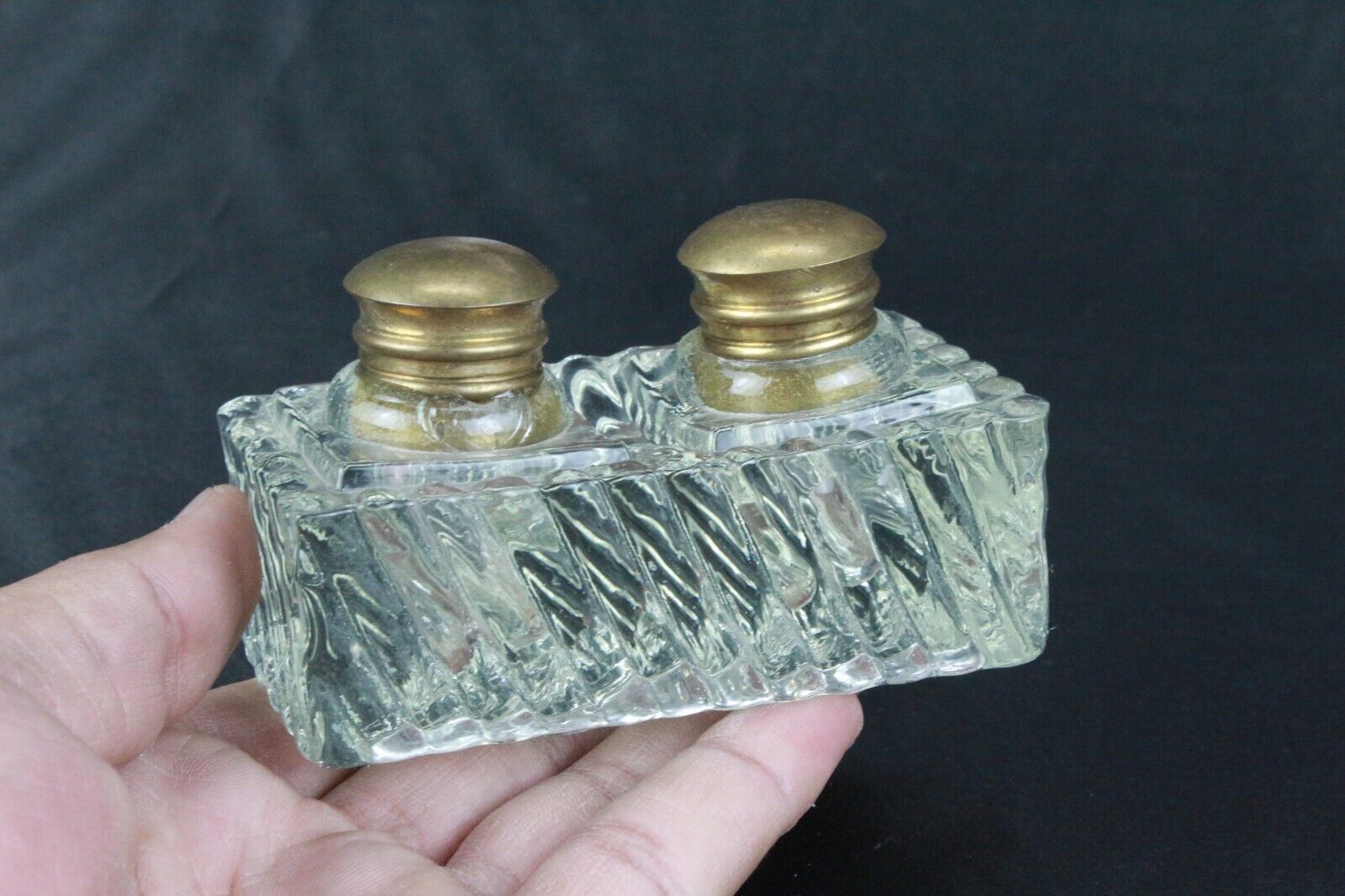 Antique Inkwell Vintage Old Style Thick Clear Glass Brass Cap Fitted Two Ink Pot