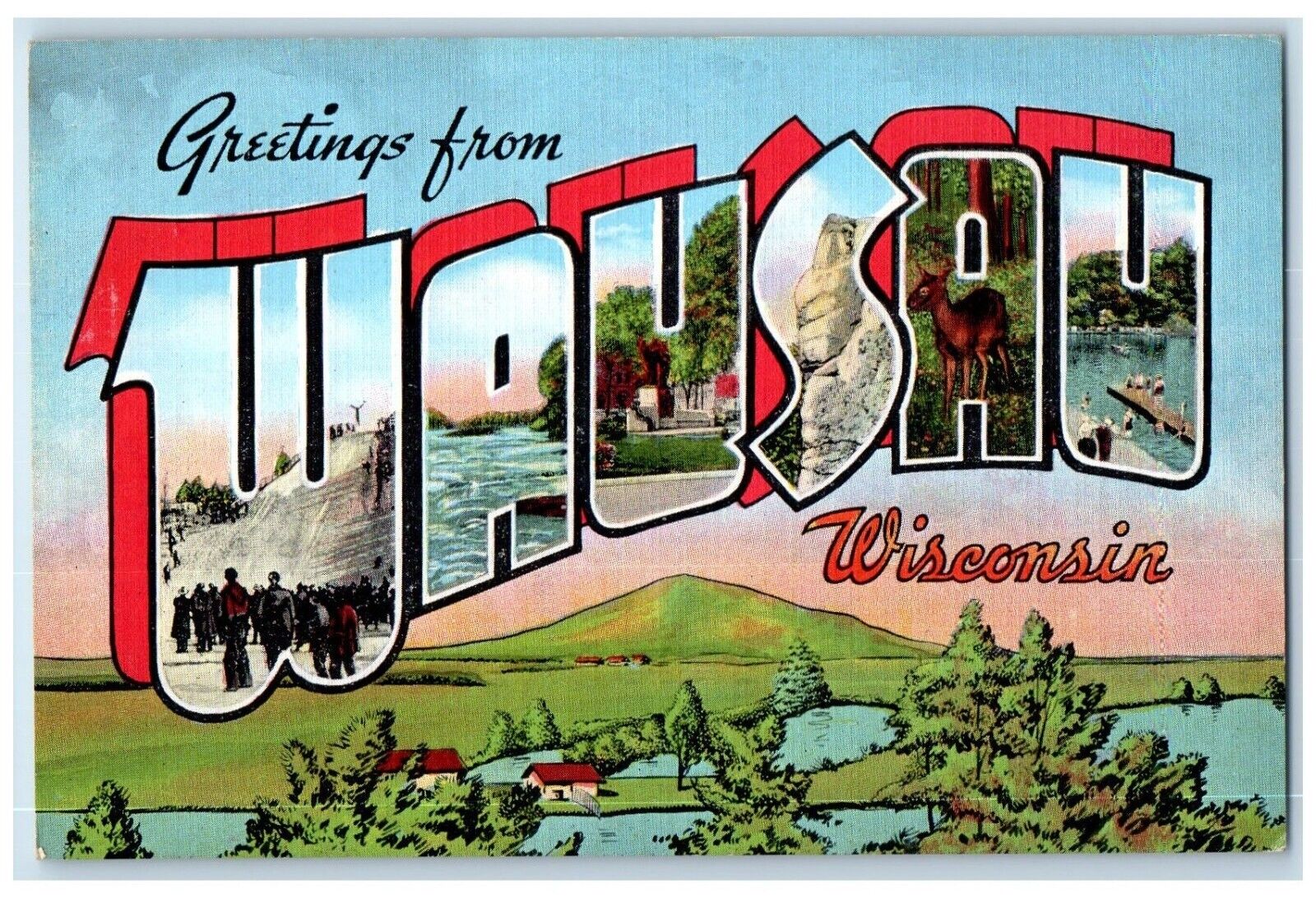 c1940 Greetings From Wausau Wisconsin Large Letters Multiview Vintage Postcard