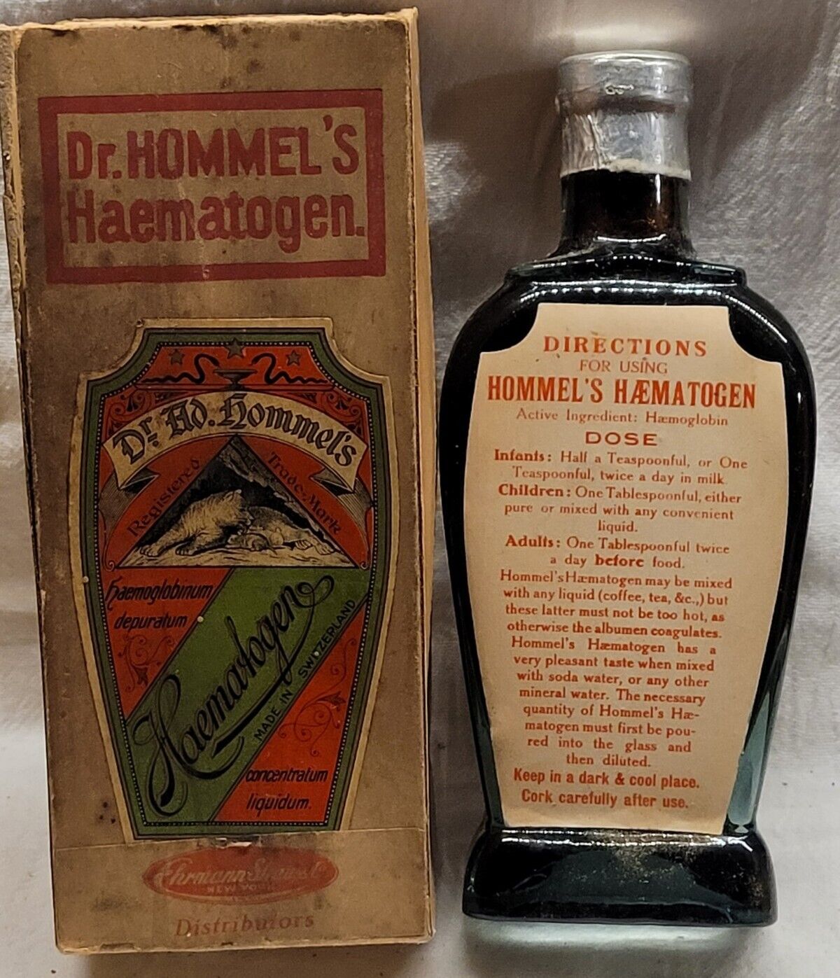 ANTIQUE DR. ADOLF HOMMEL'S HAEMATOGEN EMBOSSED w ORIGINAL LABEL AND BOX TEAL