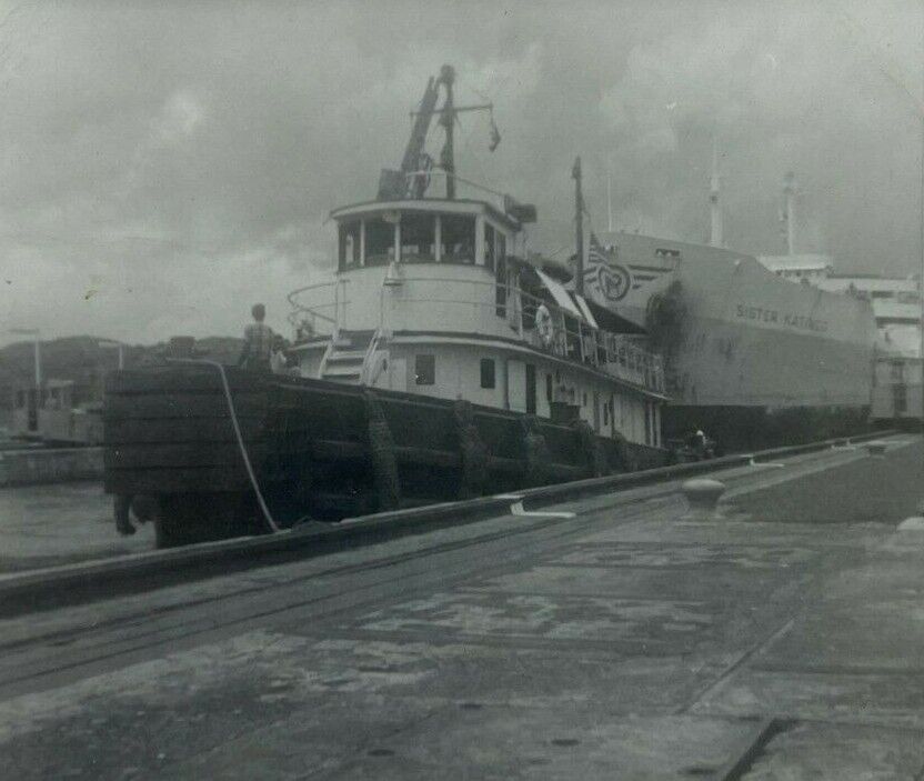 SS Sister Katingo Ship With Tug Boat At Dock B&W Photograph 3.5 x 3.5