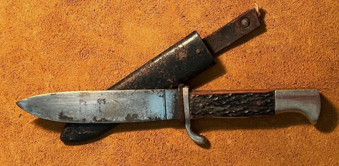 Vintage German Solingen Knife Fixed Blade Stag Handle Metal Sheath