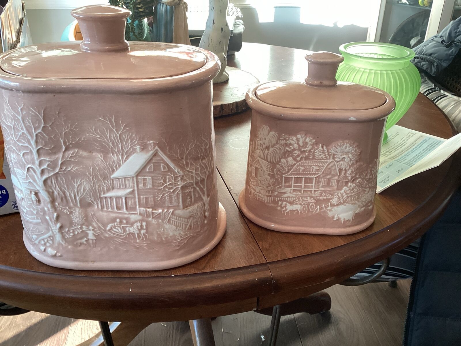 Two 3D Byron Molds/Winter, Spring Farm Scenes Ceramic Canister Kitchen Storage