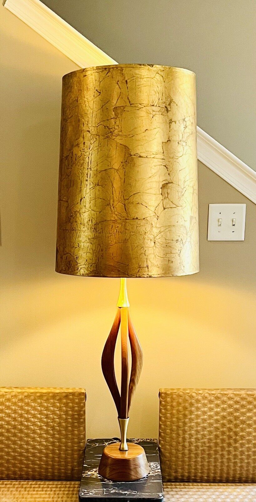 VTG Danish Modern MCM Sculptural Teak/Brass Table Lamp w/Gold Leaf Shade -Huge