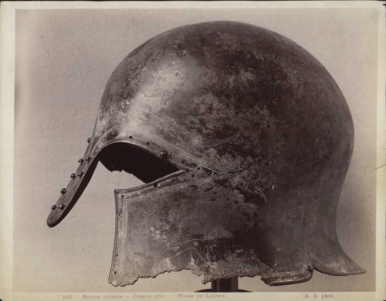 France, Paris, Louvre Museum, Greek helmet, antique bronze, A.G. Vintage Photo 