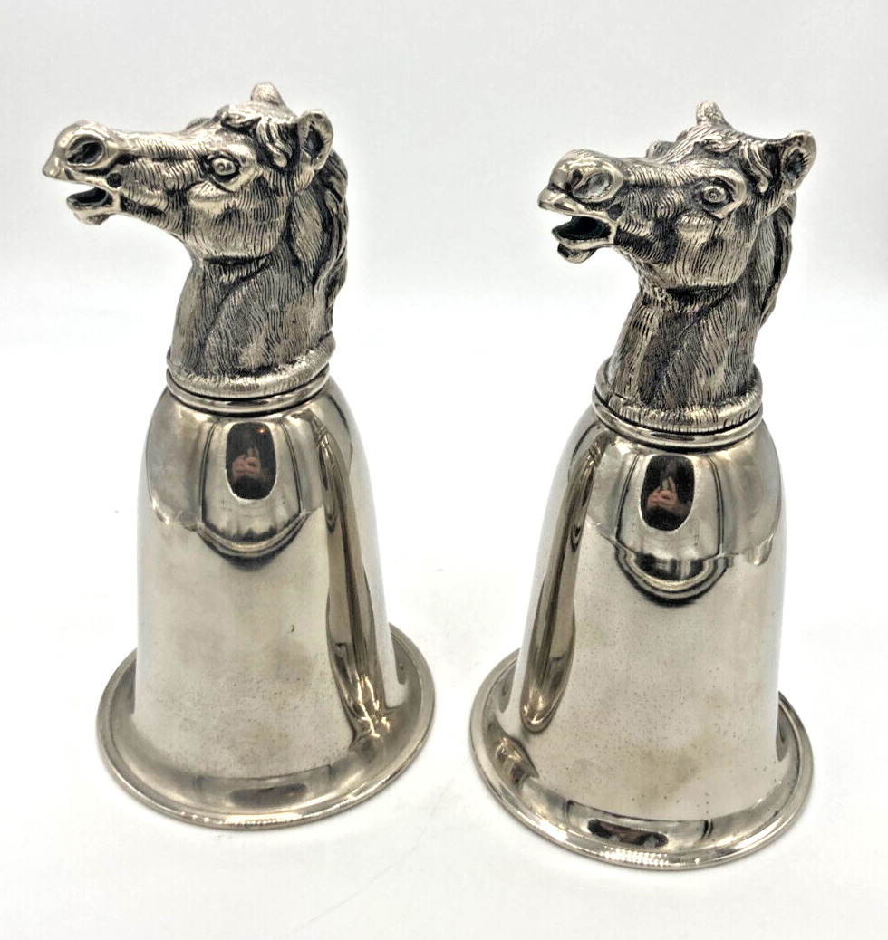 Vintage RARE PAIR 2 GUCCI Silver Plated Horse Head Stirrup Hunting Cup Barware