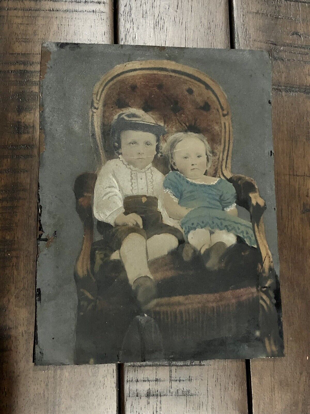 Two Cute Children, Full Plate Antique Tintype Photo Hand Painted Color Folk Art