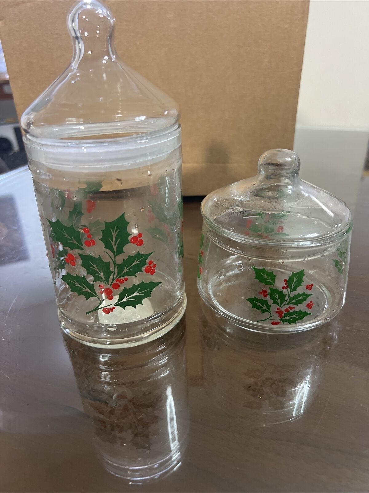 2 Indiana Glass Holiday Holly & Berry Covered Candy Dish, 1980s