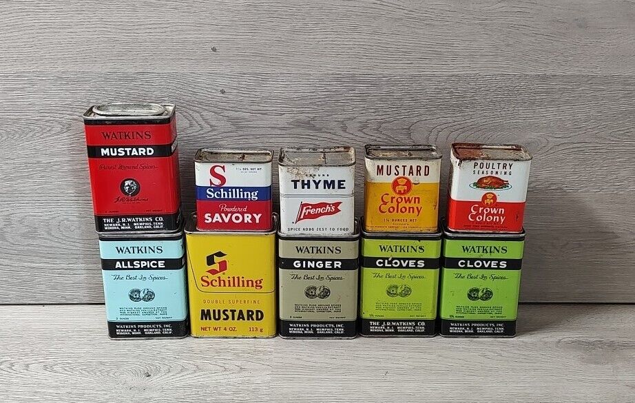 10 Piece Antique Spice Tin Collection Schilling Watkins More Cloves Thyme Savory