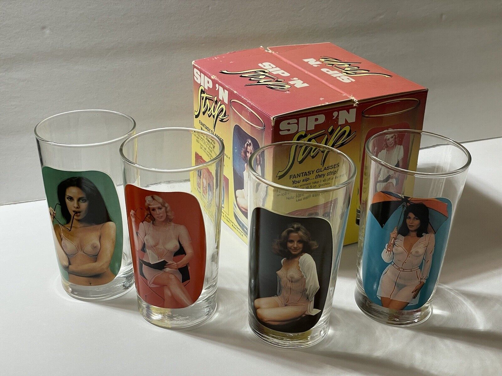 1984 Sip \'N Strip Nude Fantasy Drinking Glasses High Ball In Org Box Risqué