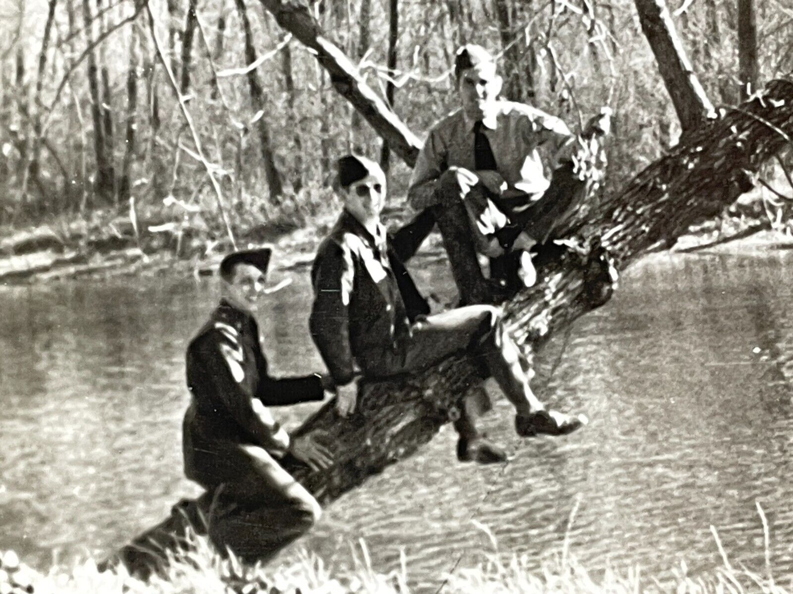 W2 Photograph 1942 Three Friends Men Guys Climb Pose On Fell Tree Nature Stream
