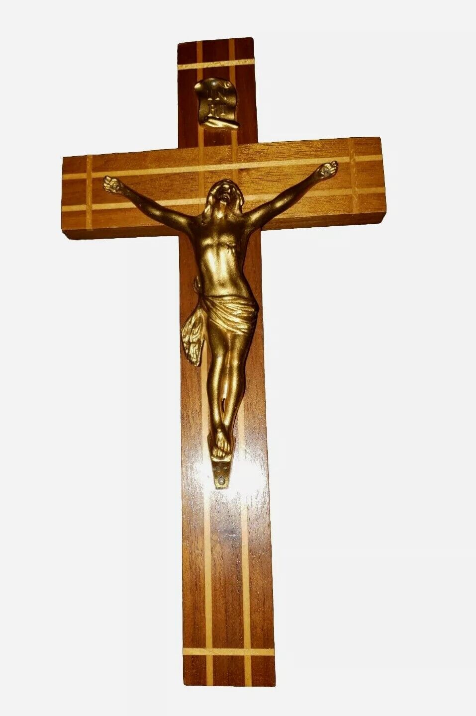 Crucifix Italian Brass Color Lined Wood Jesus 1960s Handmade Vintage 
