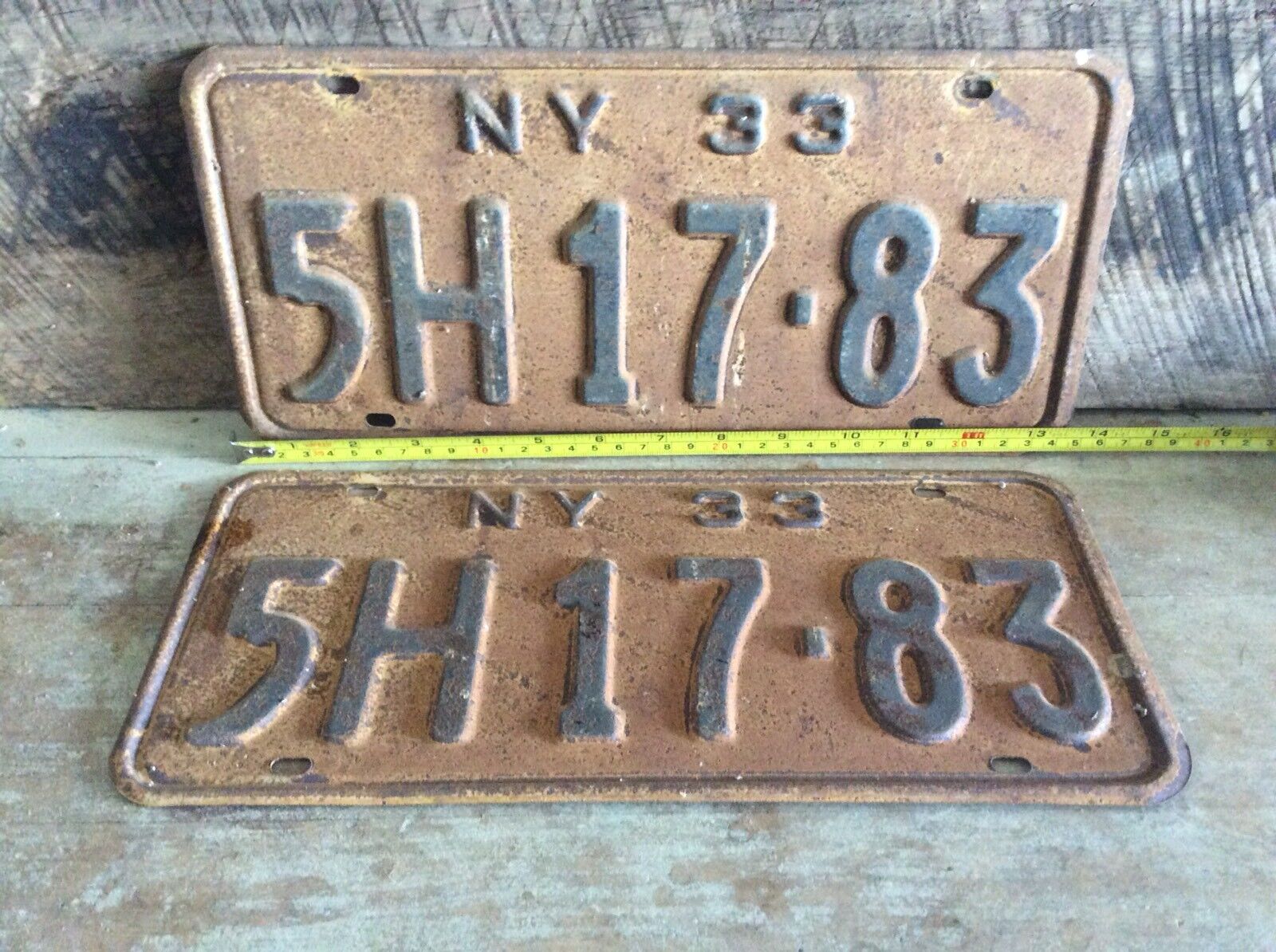 Antique Pair Of Matching NY License Plates, Rustic Non Refurbished 1933 5H 17-83