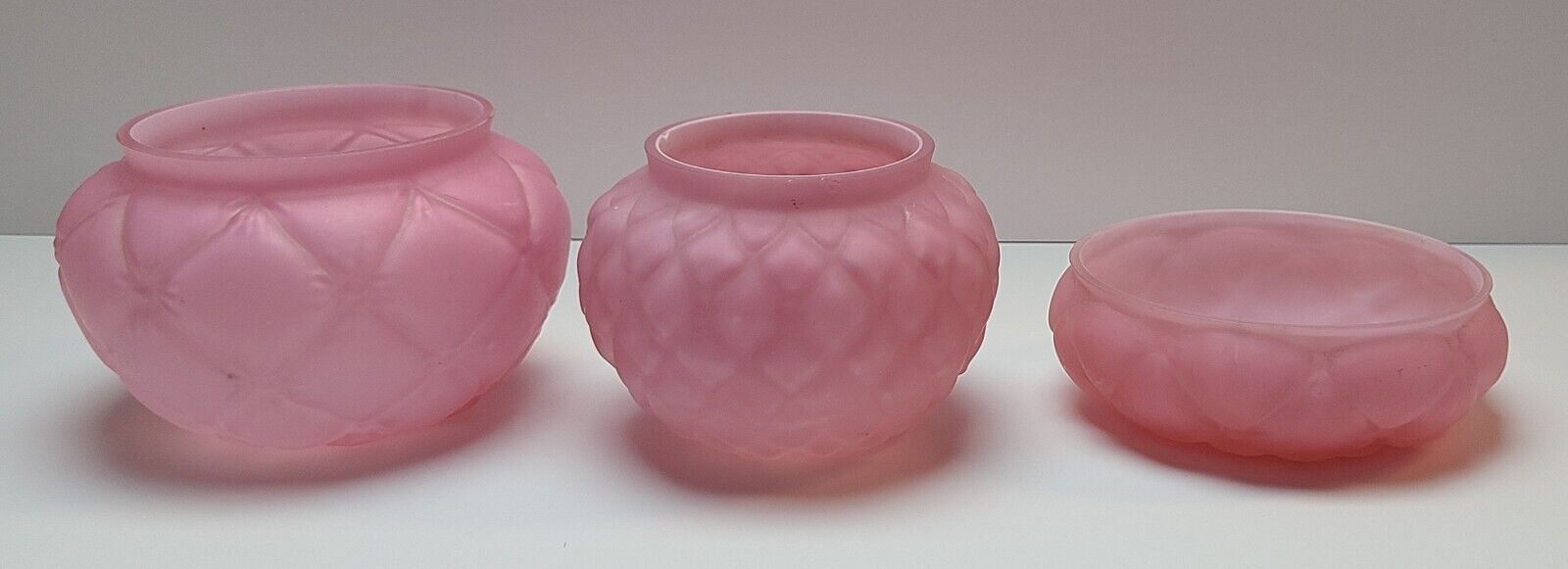 3 Antique Consolidated Glass Co Biscuit  Cracker  Powder Jar PINK Satin Quilted
