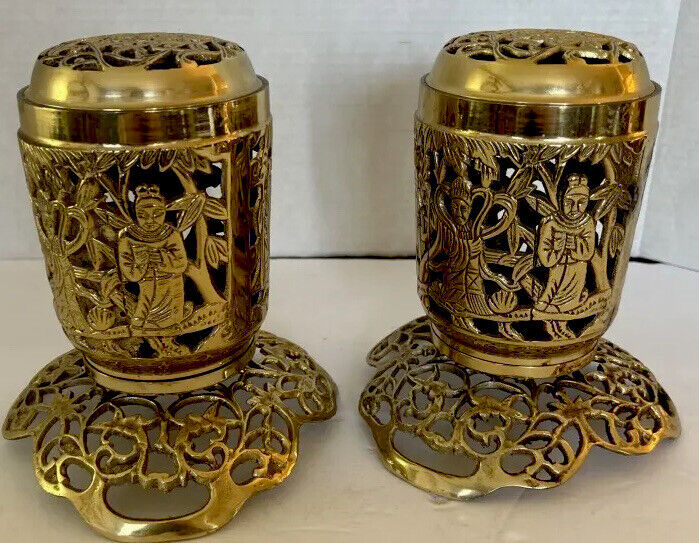 Unique Huge Pair of Asian Incense Holders with Lids 6\' Brass-Open scroll design