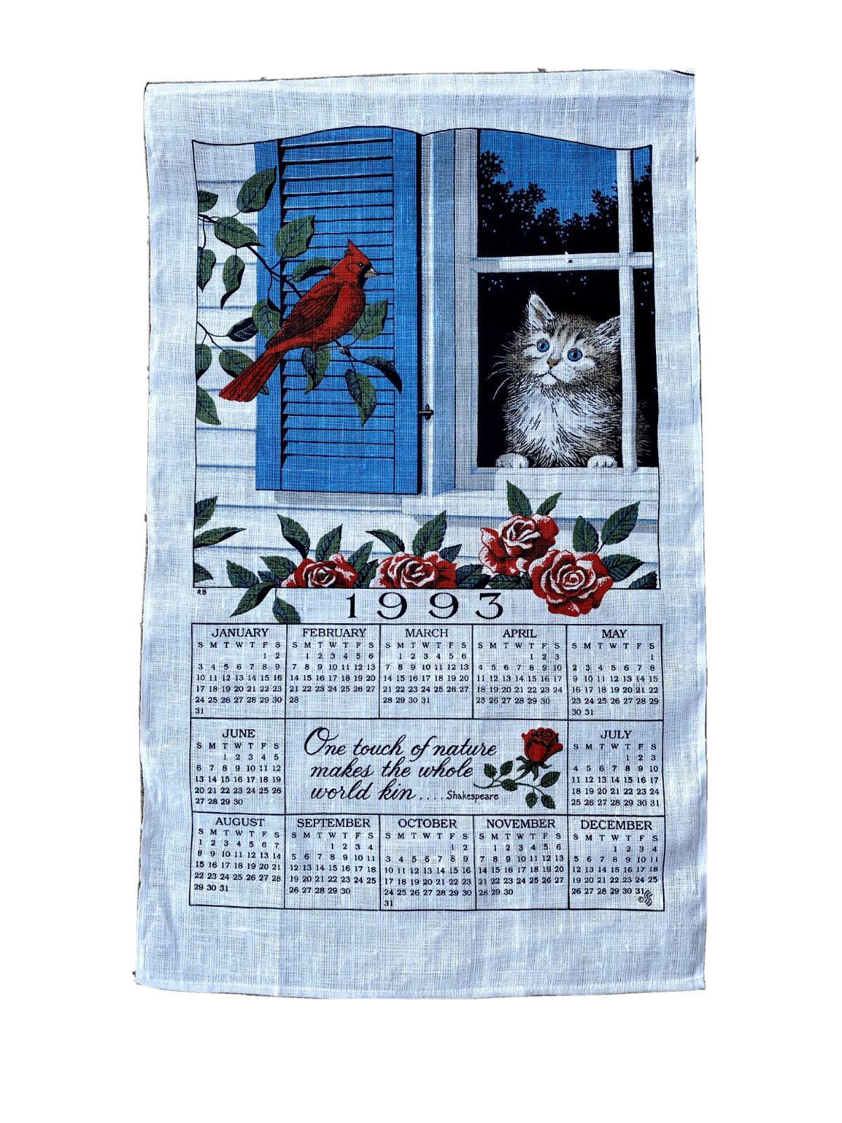 1993 Calendar Linen Tea Dish Kitchen Towel Cat Cardinal Roses Shakespeare Quote