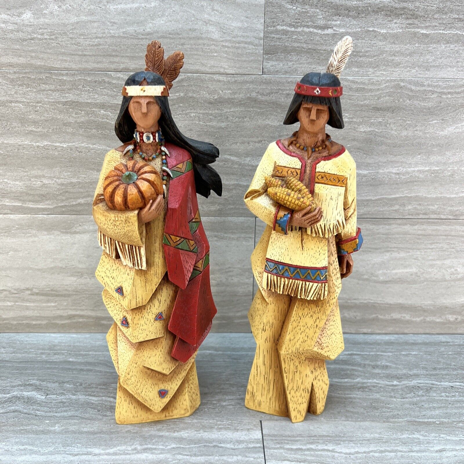 Pacific Rim Native American Resin Statues Set Of 2 Thanksgiving Theme Preowned