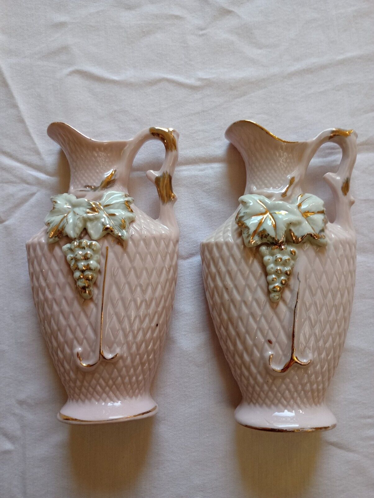 Vintage Pair of Japanese Pink Ceramic Pitchers / Vases Grapes & Leaves