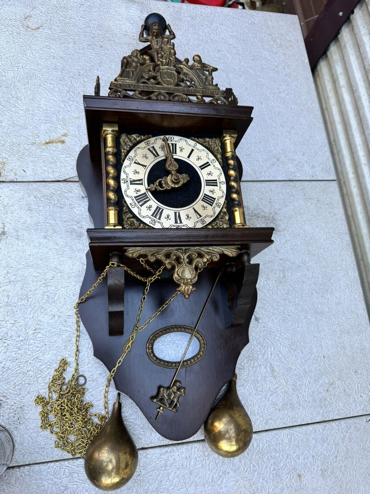 Vintage Dutch Warnink Zaanse Wall Clock Heavy Brass Weights 24”x10”
