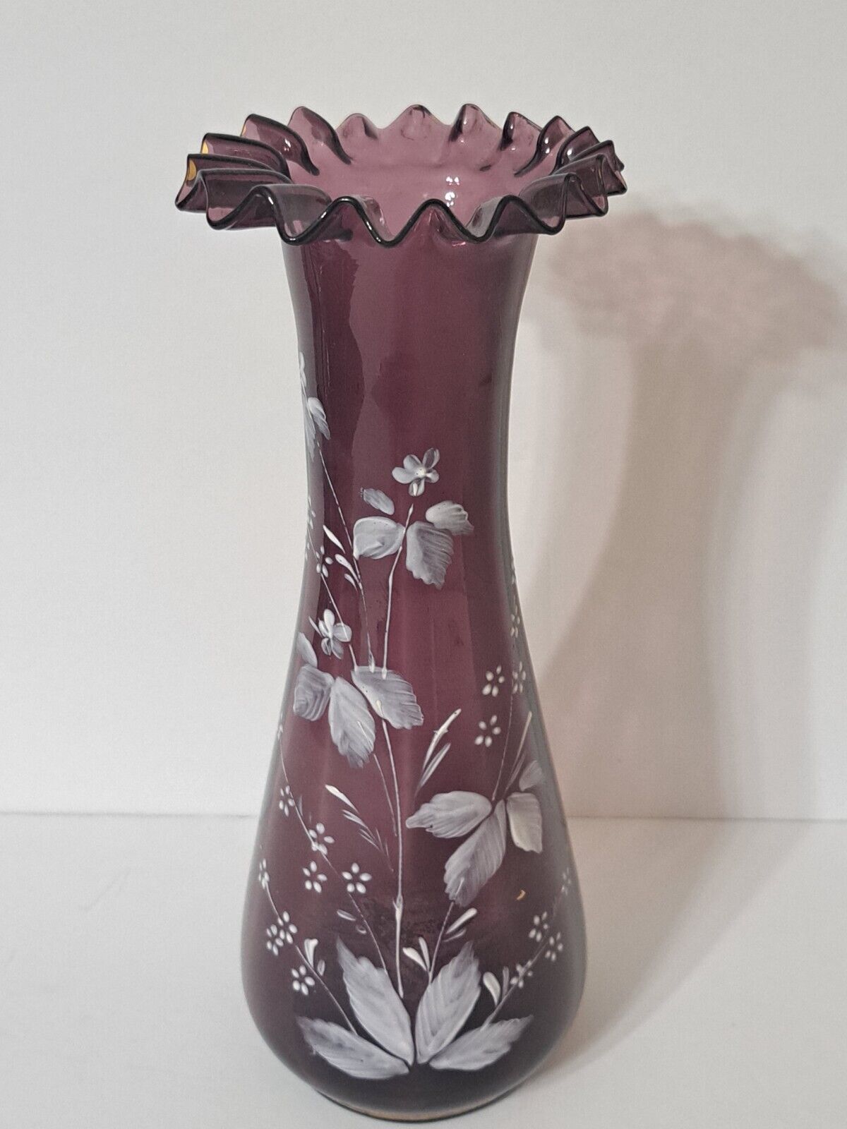 Antique Victorian Amethyst Ruffled Handpainted Vase