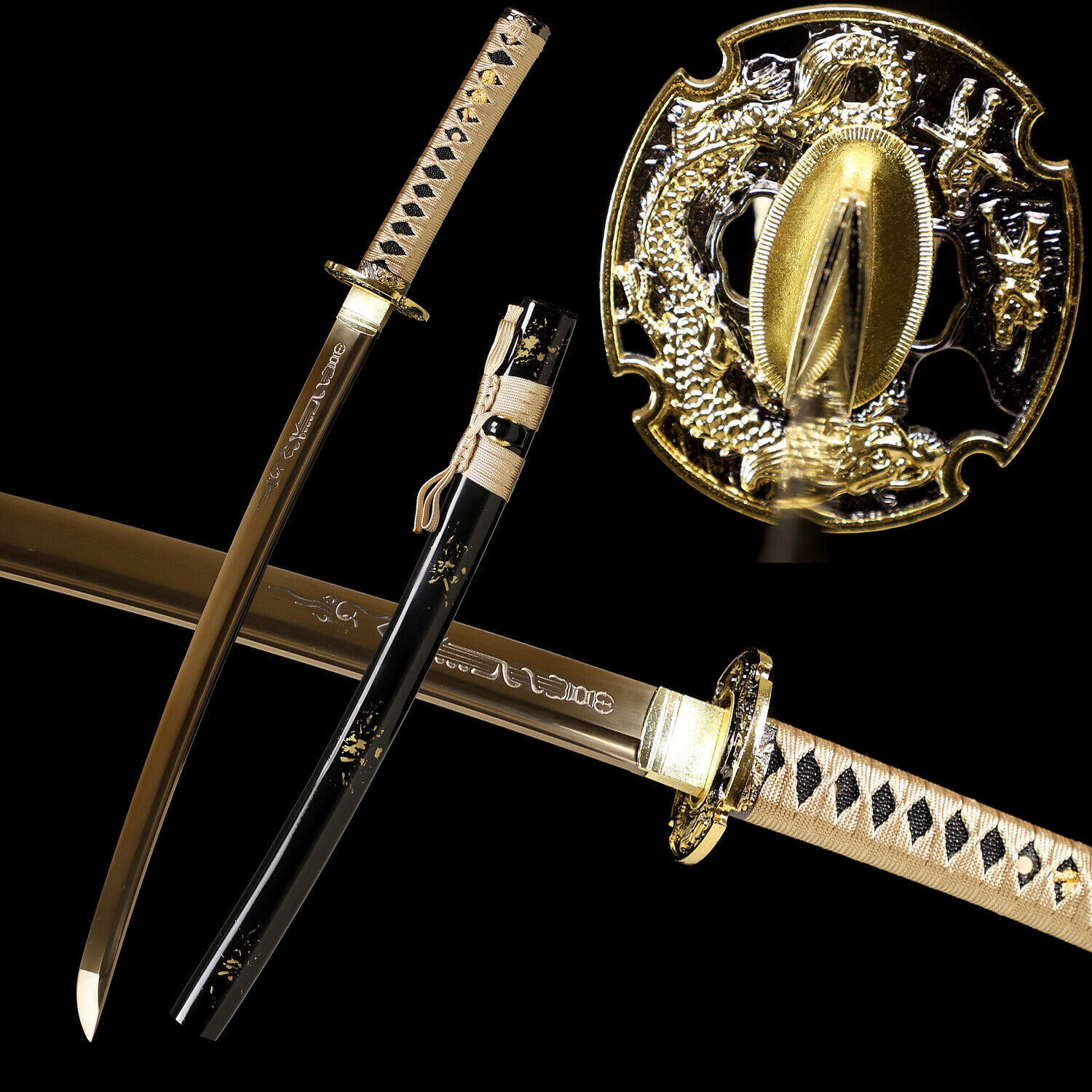 30\'\' Dragon Theme Sword Wakizashi 1095 Carbon Steel Gold Blade Full Tang Sharp