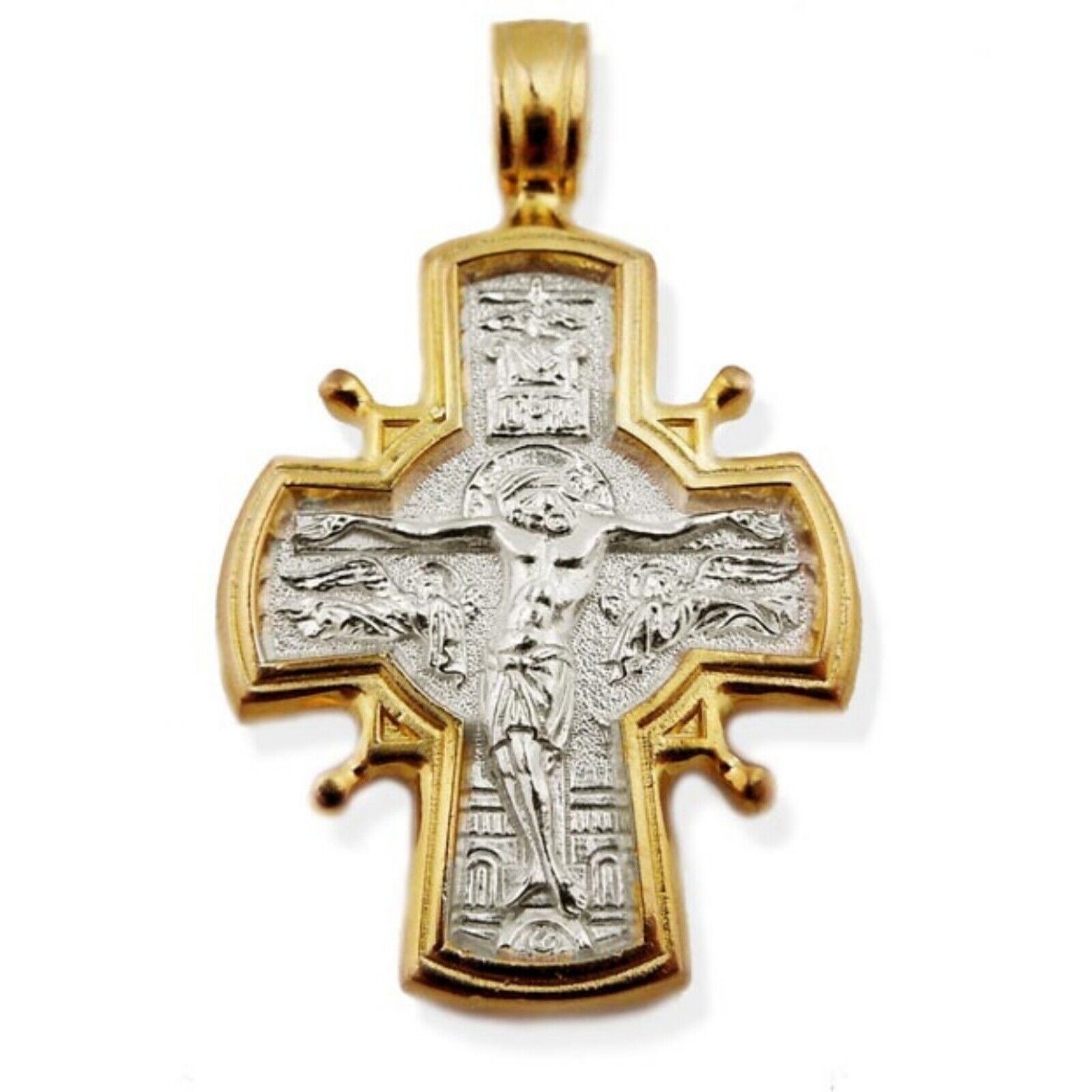 N.G. Gold Plate Over Sterling Silver Russian Icon Crucifix Pendant, 1 3/8 Inch