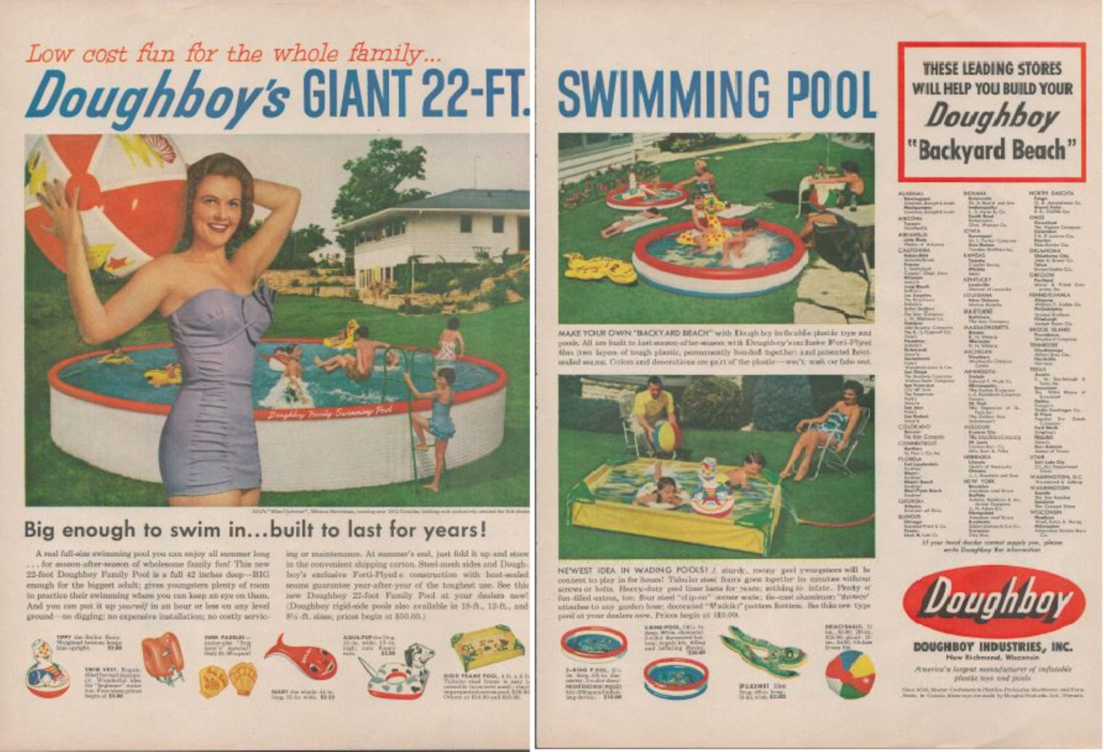 1955 Doughboy\'s Giant 22 Ft Swimming Pool Mother Kids Vtg Print Ad L32 2 Page