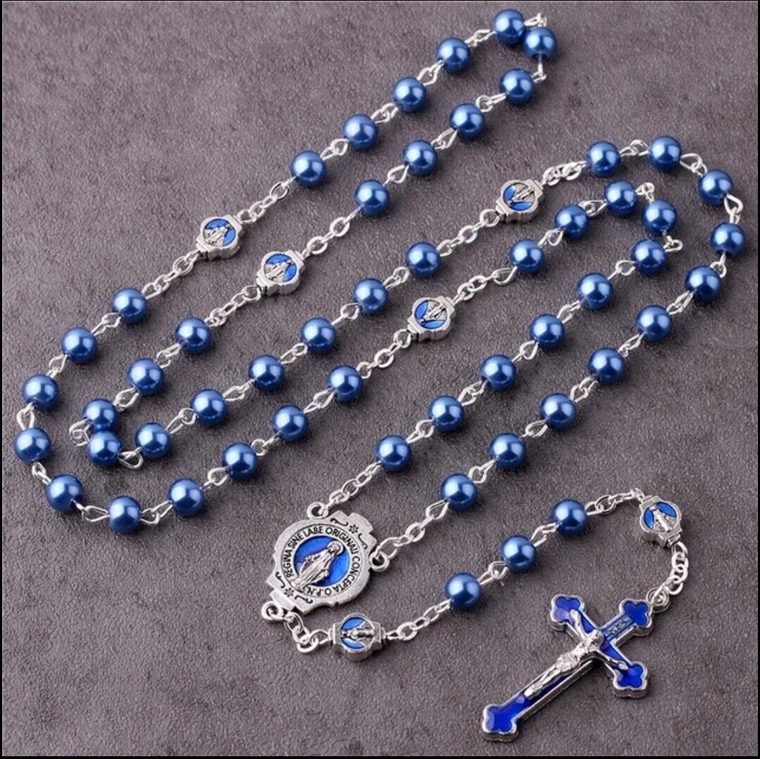 Catholic Virgin Mary Chain Rosary 6mm Blue Glass Pearl Beads Rosario Women