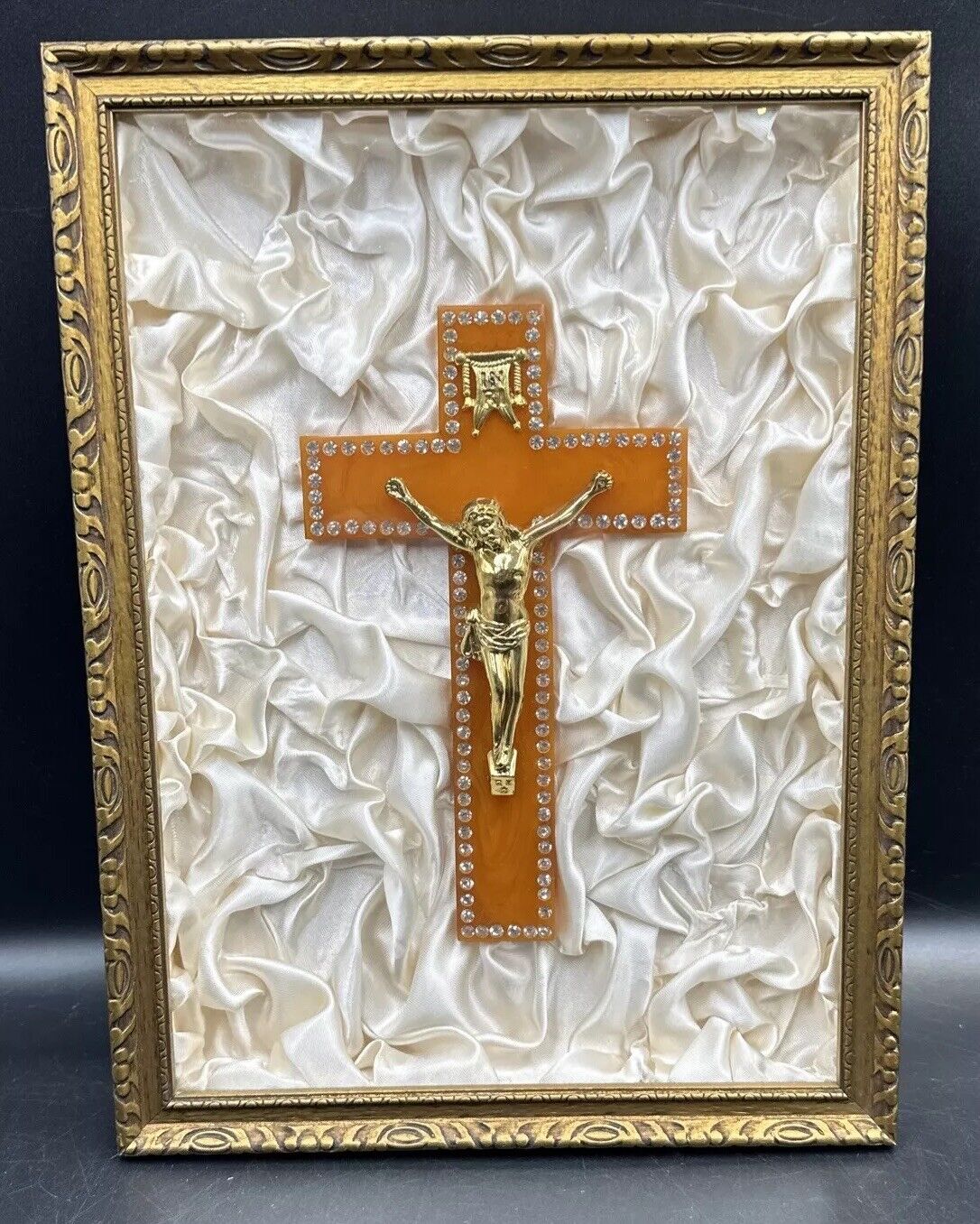 Vintage Caramel Bakelite Crucifix Cross Rhinestones And Brass Framed Valance