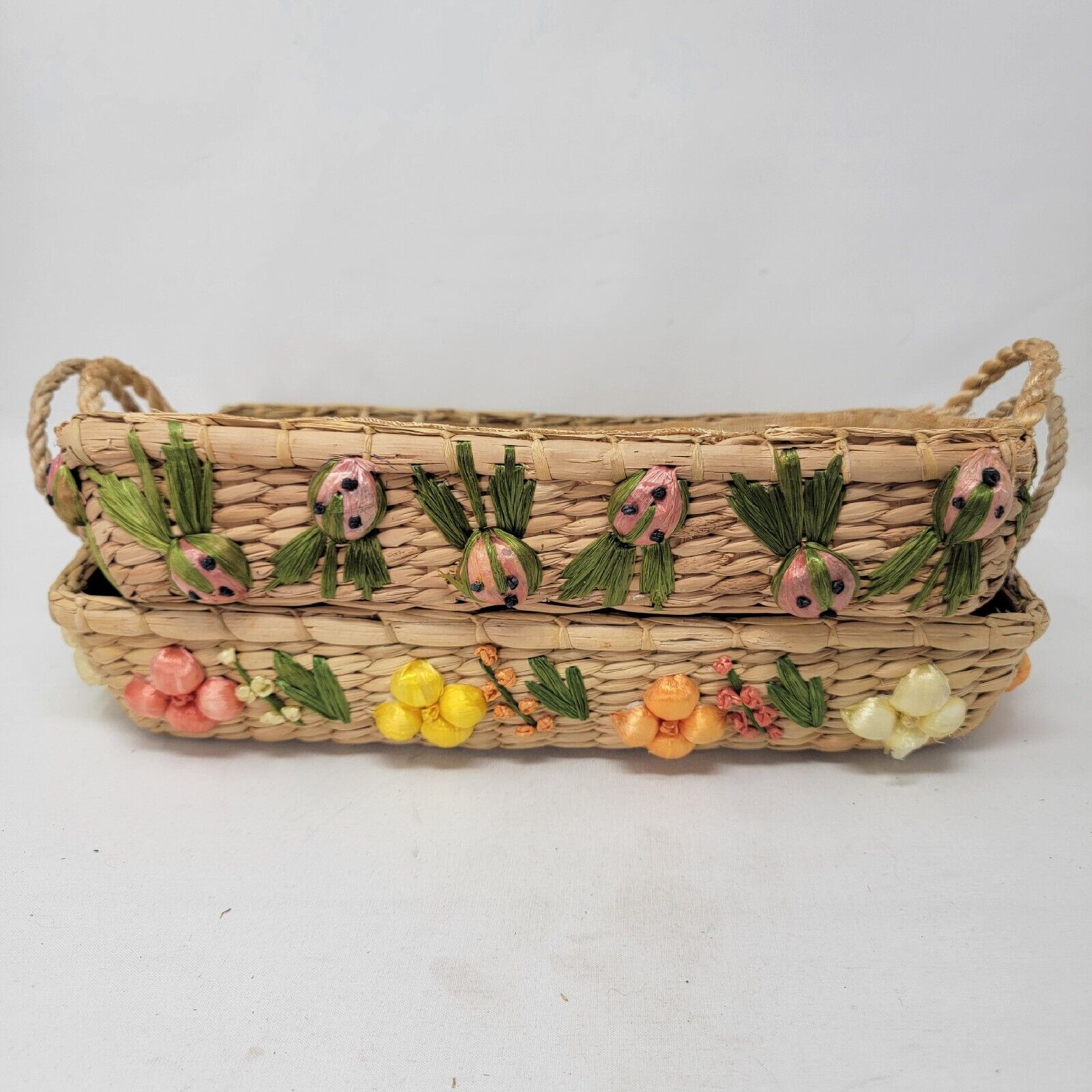 Vintage Tray Basket W/ Handles Woven Colorful Fruit Around Sides- Philippines 2