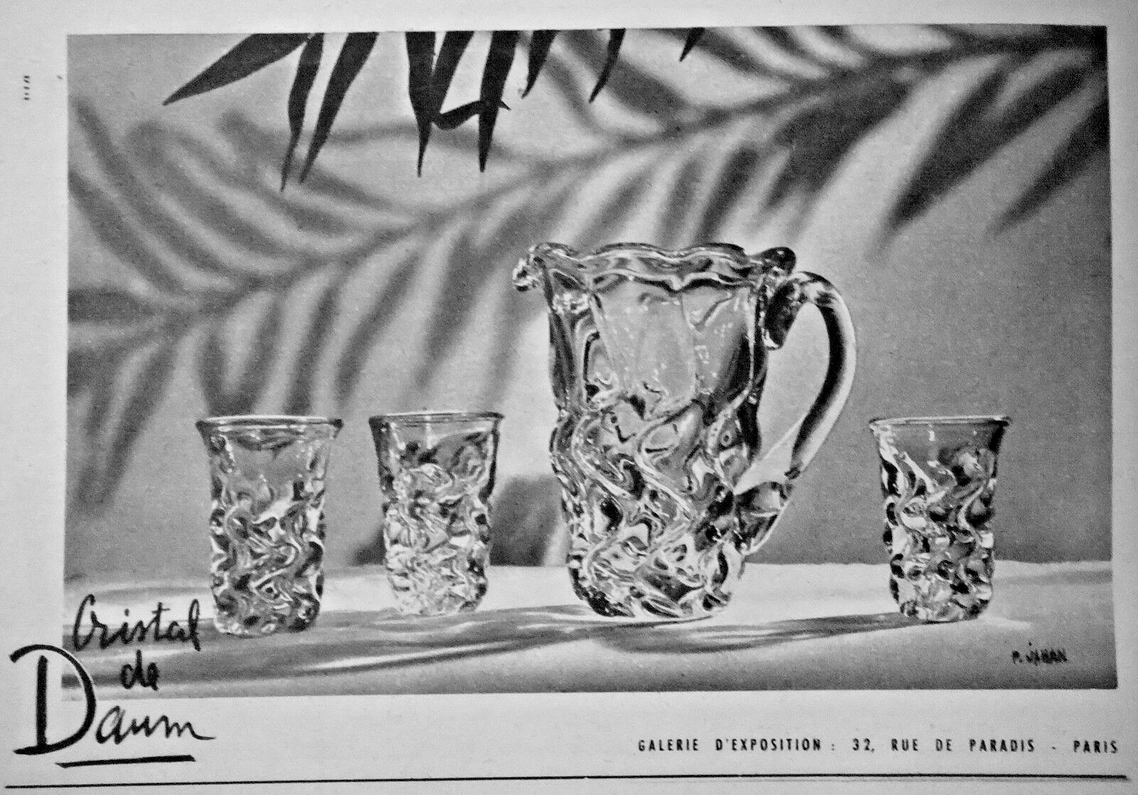 1951 DAUM CRYSTAL GLASS & PITCHER PRESS ADVERTISEMENT - P.JAHAN