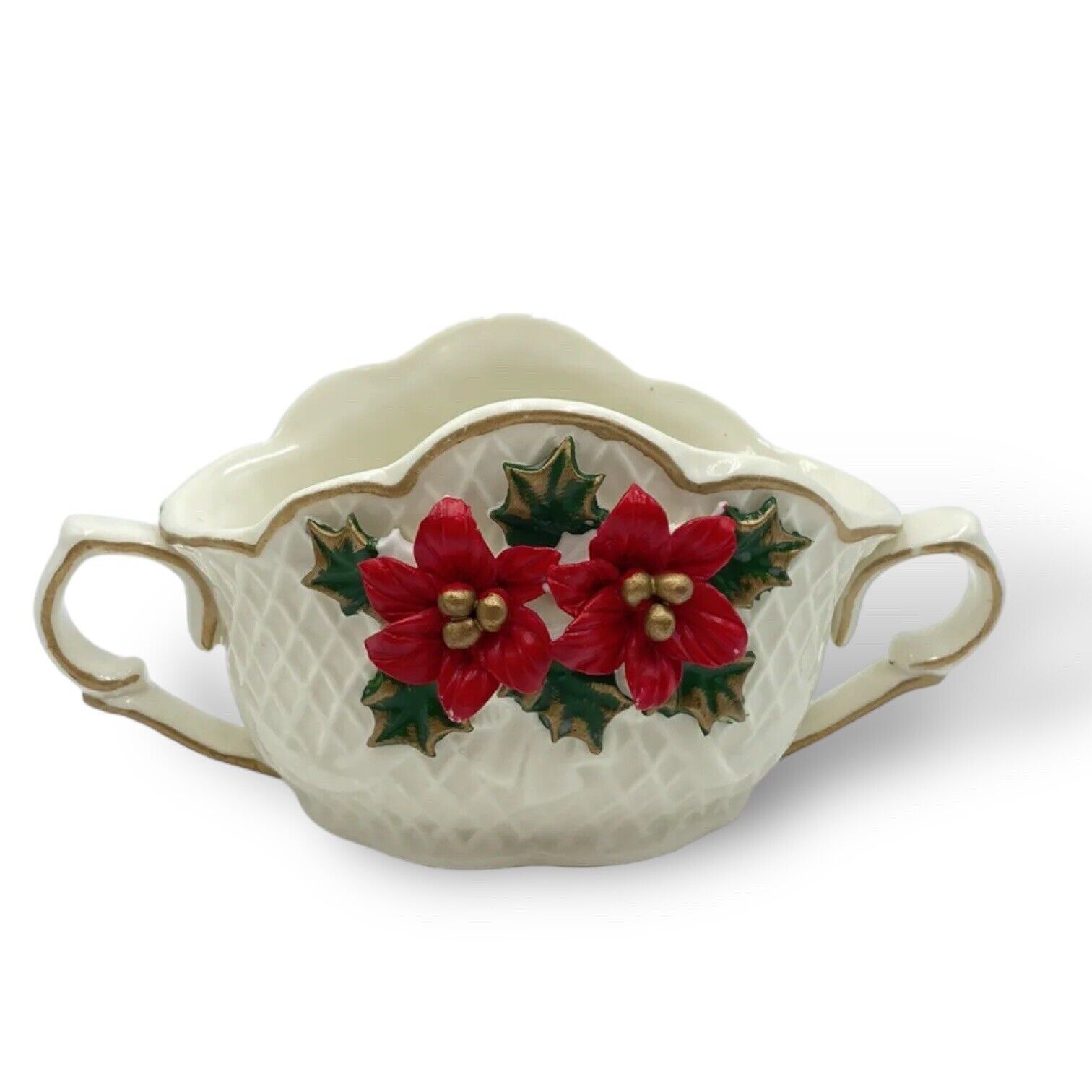 Vintage Ceramic Christmas Poinsettia Planter w/ Gold Trim