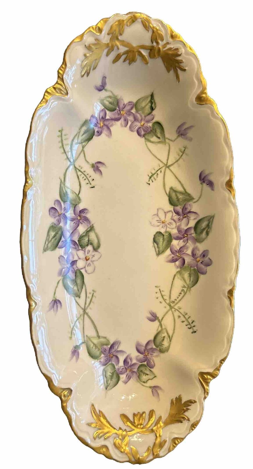 Handpainted porcelain bowl gold trim purple flowers 12x6